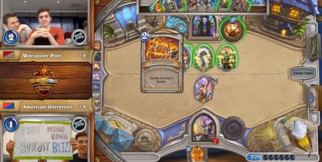 VICE reports that Blizzard issued suspensions for three more Hearthstone players after they openly expressed their support towards the protesters in Hong Kong when they hold up a sign that said „Free Hong Kong! Boycott Blizz[ard].”