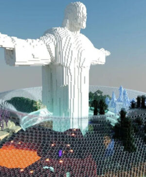 A statue of Jesus built from blocks in Minecraft